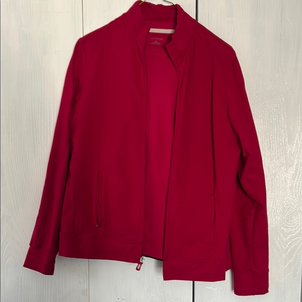 Lands End 3 pieces Lounge Set. jacket and top burgundy, pants black.
